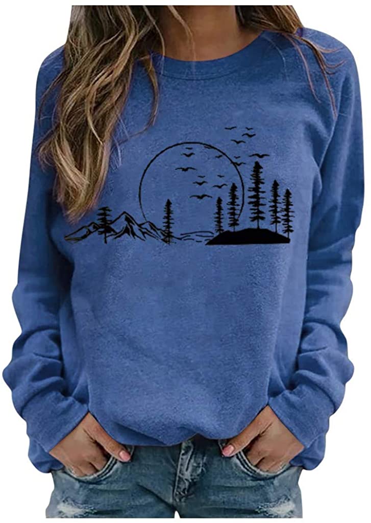 Sweatershirts for Women, Plus Size Womens Tops Scenery Printed Casual Crewneck Pullover Top Comfy Sw