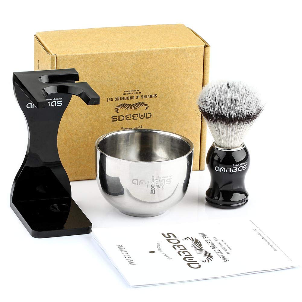 Anbbas 3IN1 Shaving Brush Set Synthetic Badger Hair with Stainless Steel Shaving Bowl,Black Acrylic