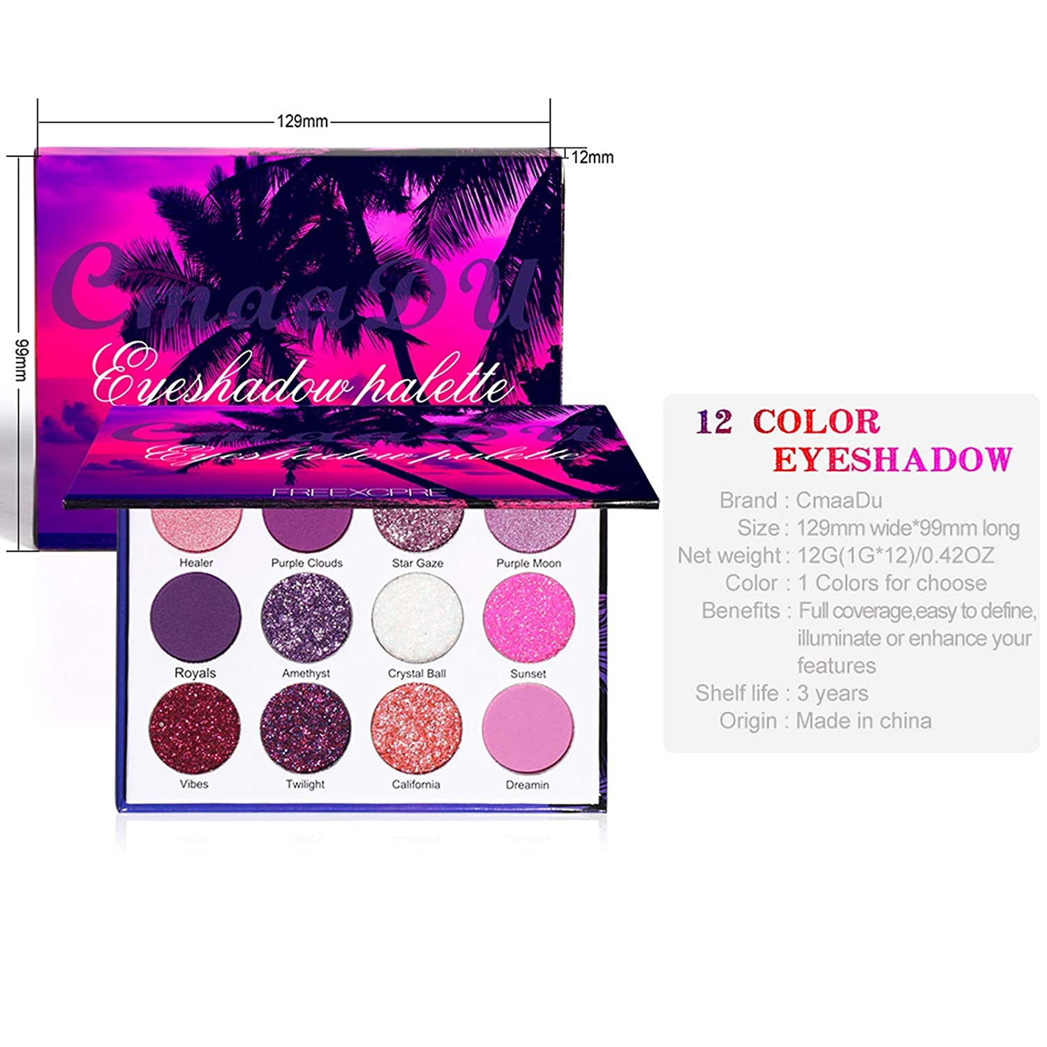 High Pigment 12 Colors Shimmer Matte Glitter Eyeshadow Makeup Palette Sweatproof Long Lasting and Wa