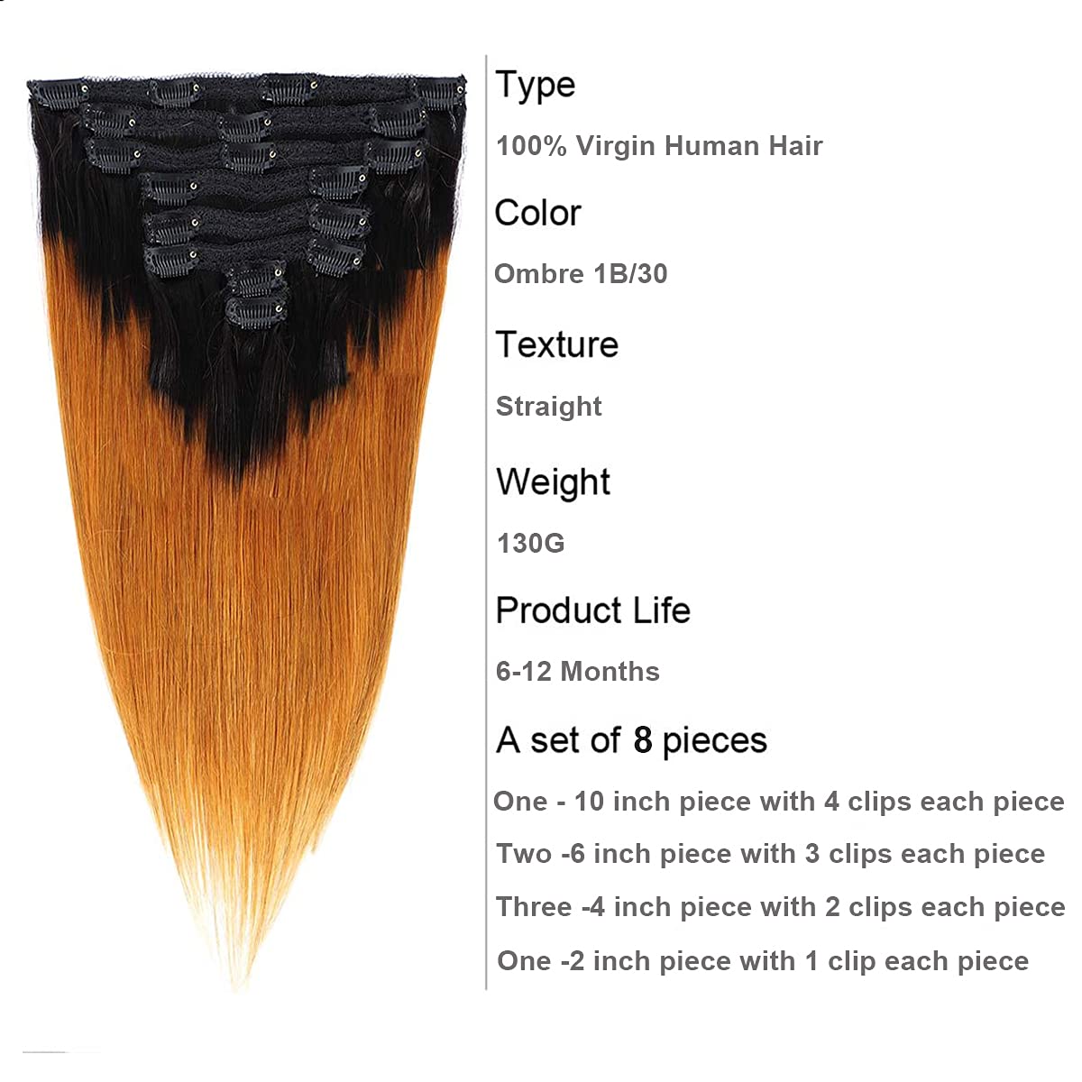 Kislemon Clip in Human Hair Extensions Ombre Straight Hair 125g 100% Human Hair 8Pcs Total of 18 Cli