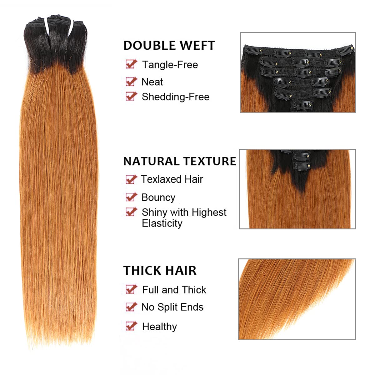 Kislemon Clip in Human Hair Extensions Ombre Straight Hair 125g 100% Human Hair 8Pcs Total of 18 Cli