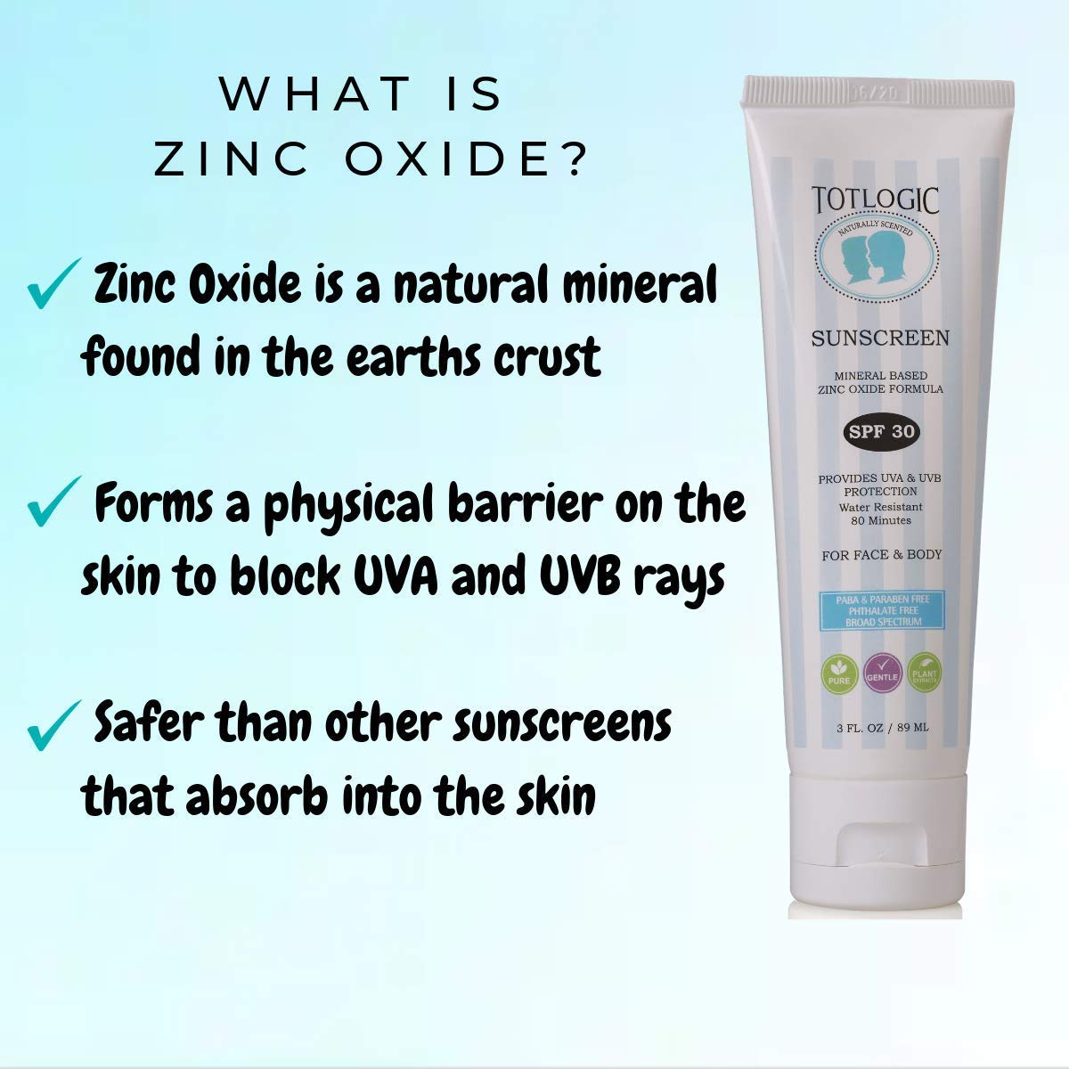 TotLogic Natural Mineral Sunscreen For Kids SPF 30, 3 oz | Biodegradable Reef Safe Zinc Oxide Organi