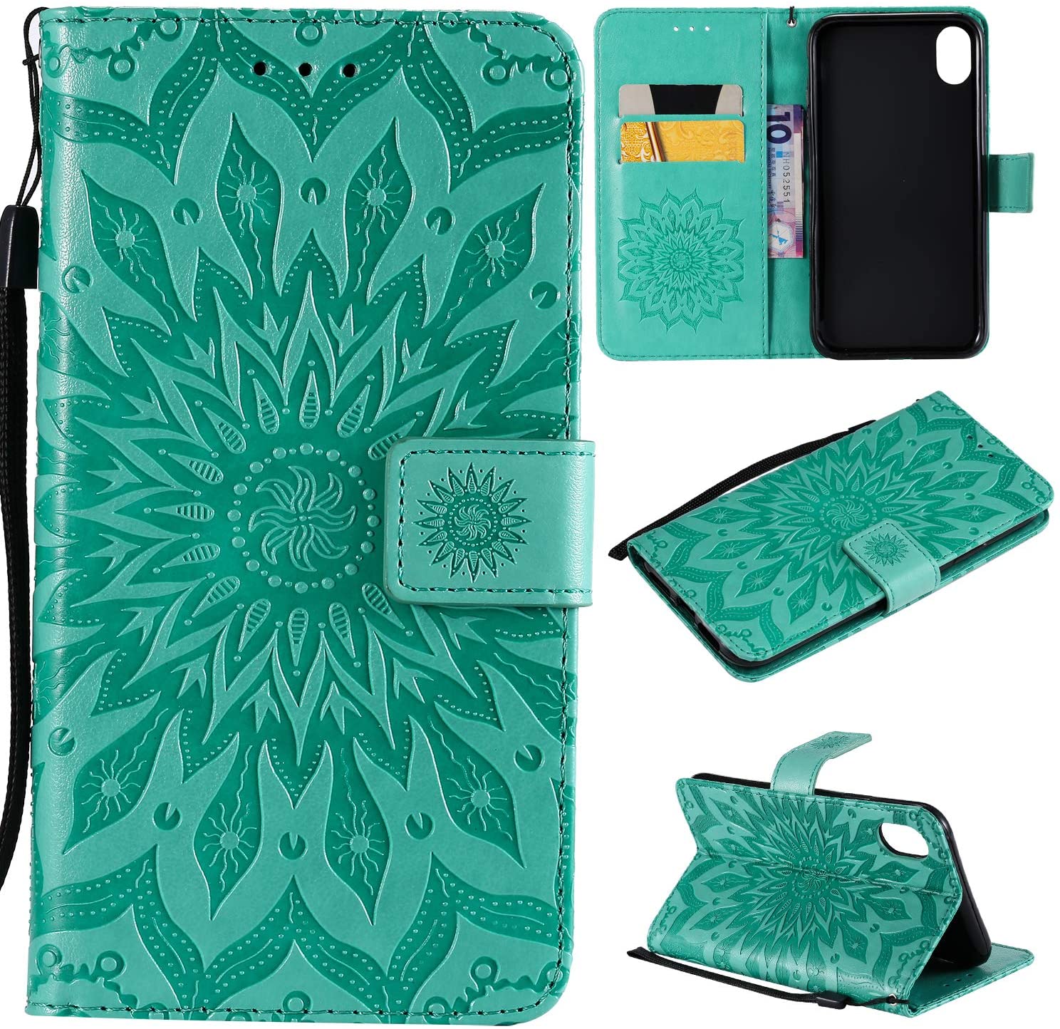 Cfrau Kickstand Wallet Case with Black Stylus for iPhone XR 6.1 inch,Retro Mandala Sunflower PU Leat