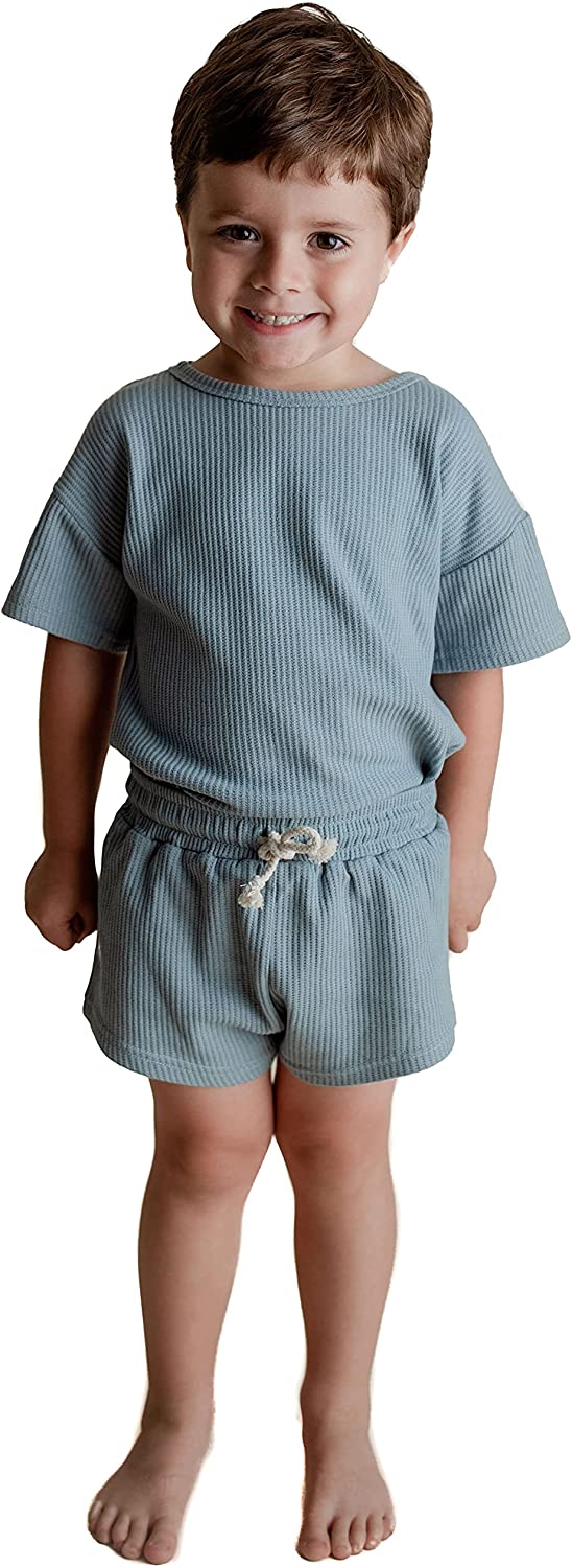 Three Little Tots Baby Boys Girls Summer Waffle Toddler Organic Cotton Modern Top & Bottom 2pc Set