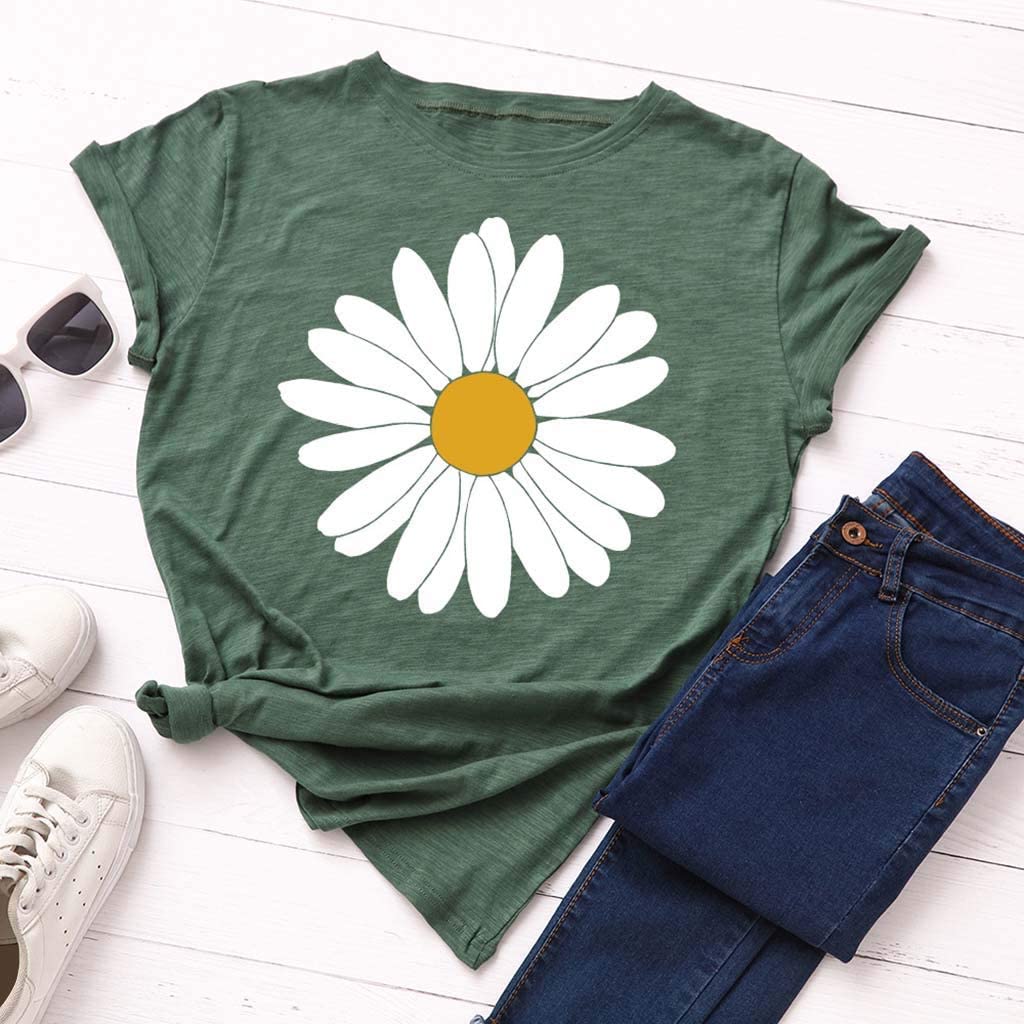 Dosoop Womens Summer Daisy Printed T Shirt Teen Girls Graphic Short Sleeve Casual Crewneck Cute Tees
