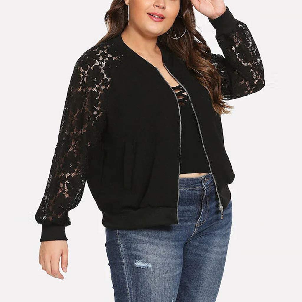 WUAI-Women Bomer Jackets Plus Size Casual Lace Loose Long Sleeve Coat Outwear Cardigans Tops