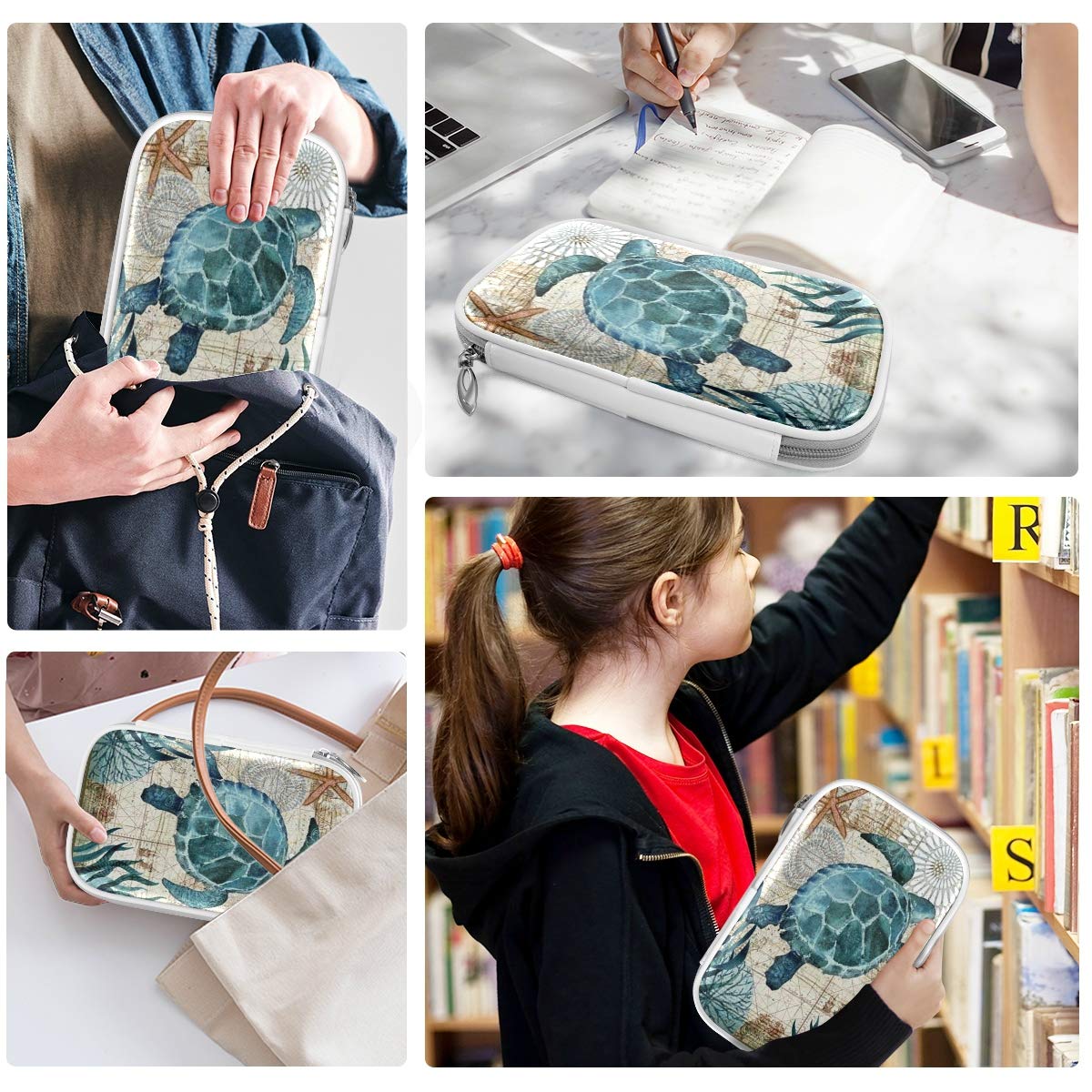 ZZKKO Ocean Marine Turtle Pencil Bag Case Zipper Pencil Holder Organizer Stationary Pen Bag Cosmetic