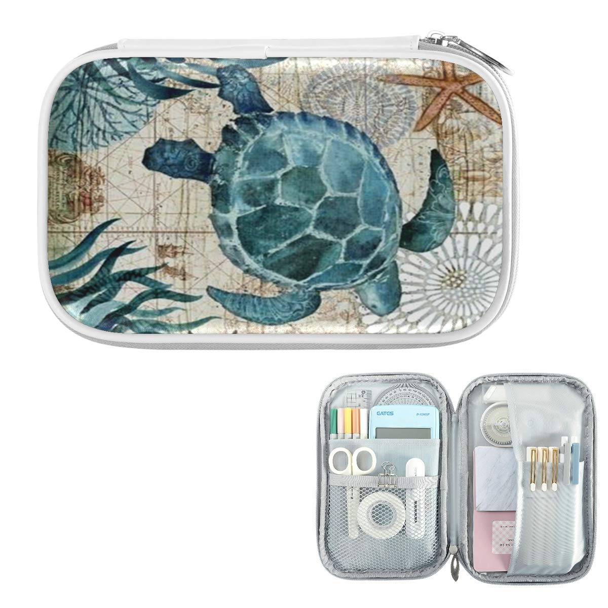 ZZKKO Ocean Marine Turtle Pencil Bag Case Zipper Pencil Holder Organizer Stationary Pen Bag Cosmetic