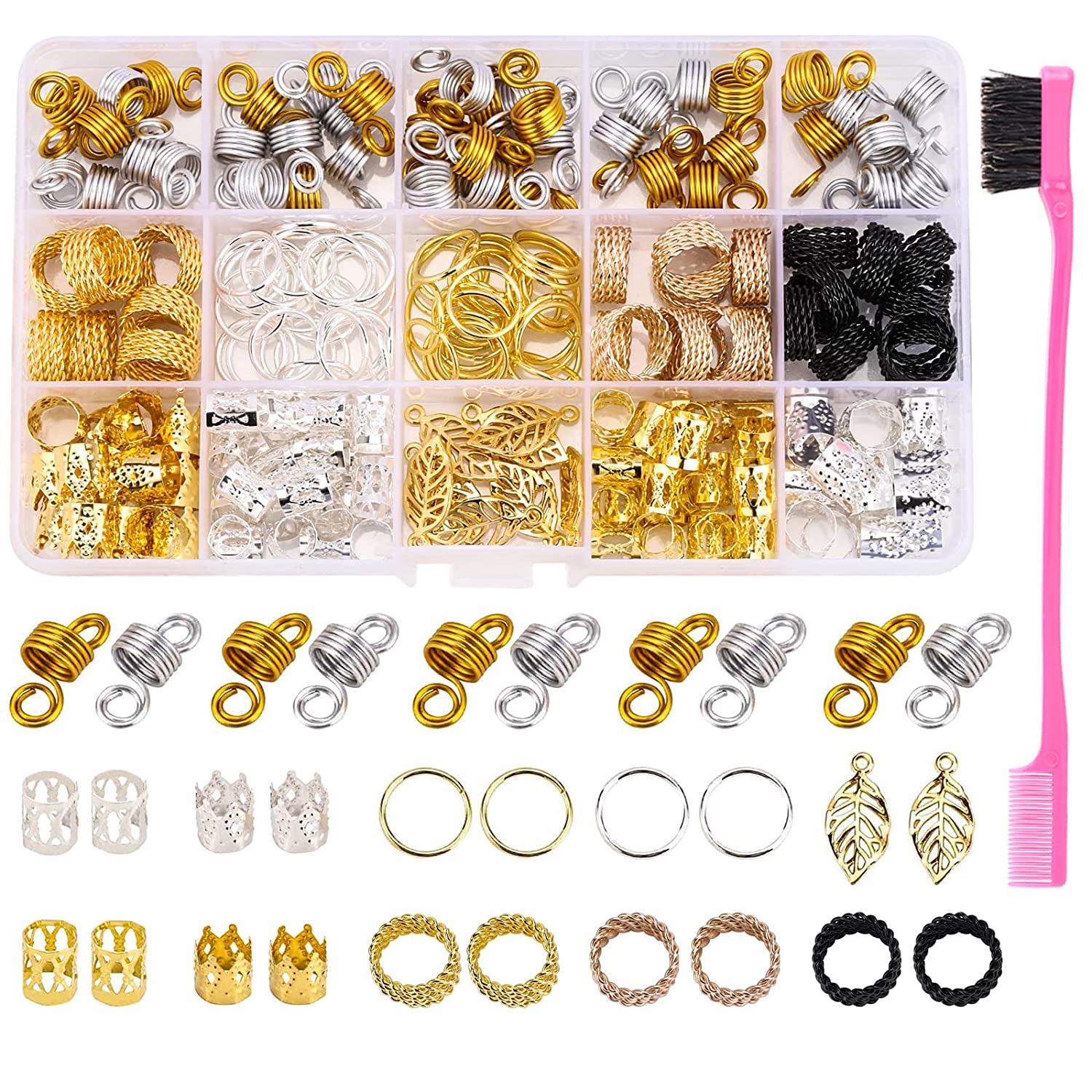 254 PCS Loc Hair Jewelry for Women Braids, Dreadlock Accessories with Box and Edge Brush Metal Slive