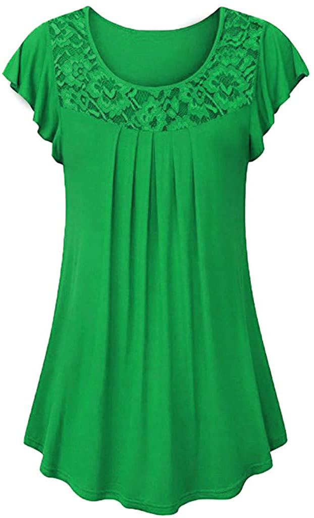 haoricu Tunics for Women Wear with Leggings Short Sleeve Ladies Solid Lace Patchwork Ruched Blouse T