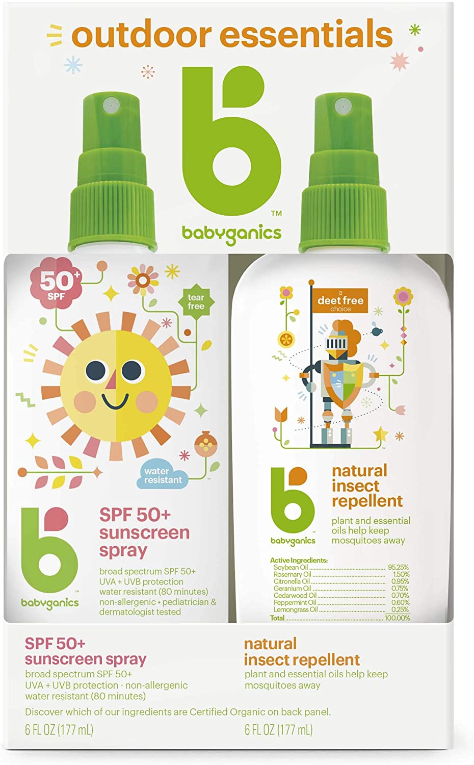 Babyganics SPF 50 Baby Sunscreen Spray UVA UVB Protection and DEET Free Bug Repellent, 2 Pack (6 Oun