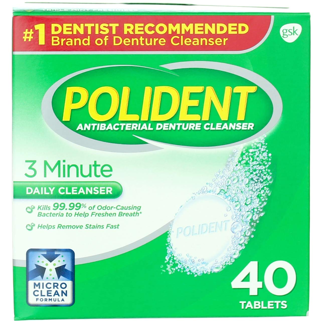 Polident 3 Minute Denture Cleanser Tablets, 40 ea