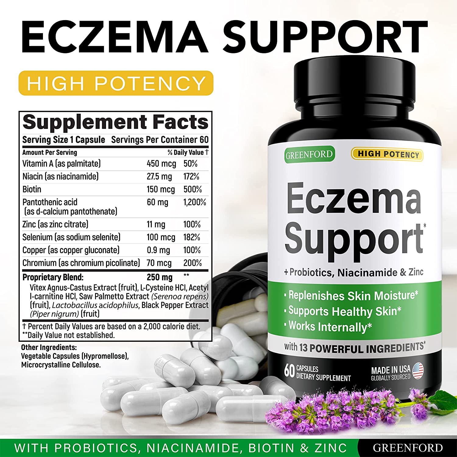 Eczema Treatment & Support for Natural Relief - Made in USA Dupixent Alternative - Skin Vitamins & H