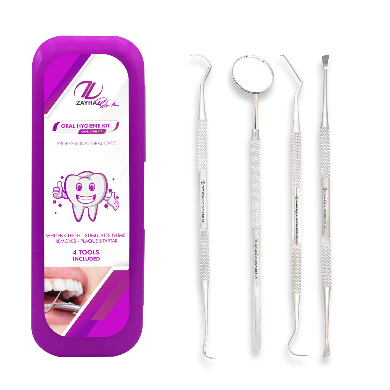 Zayraz Style Professional Dental Hygiene Kit- Calculus & Plaque Remover Set of 4- Stainless Steel Ta