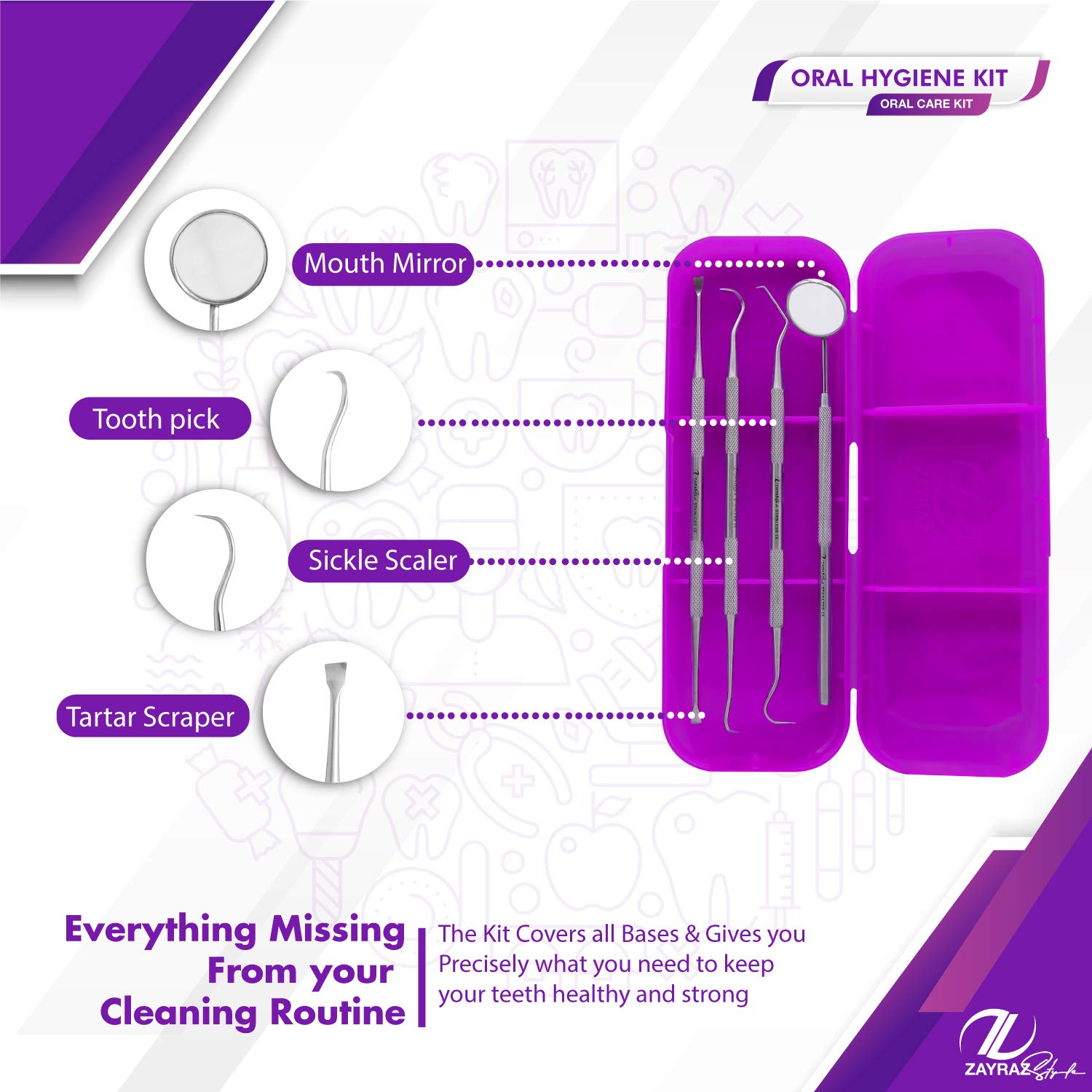 Zayraz Style Professional Dental Hygiene Kit- Calculus & Plaque Remover Set of 4- Stainless Steel Ta