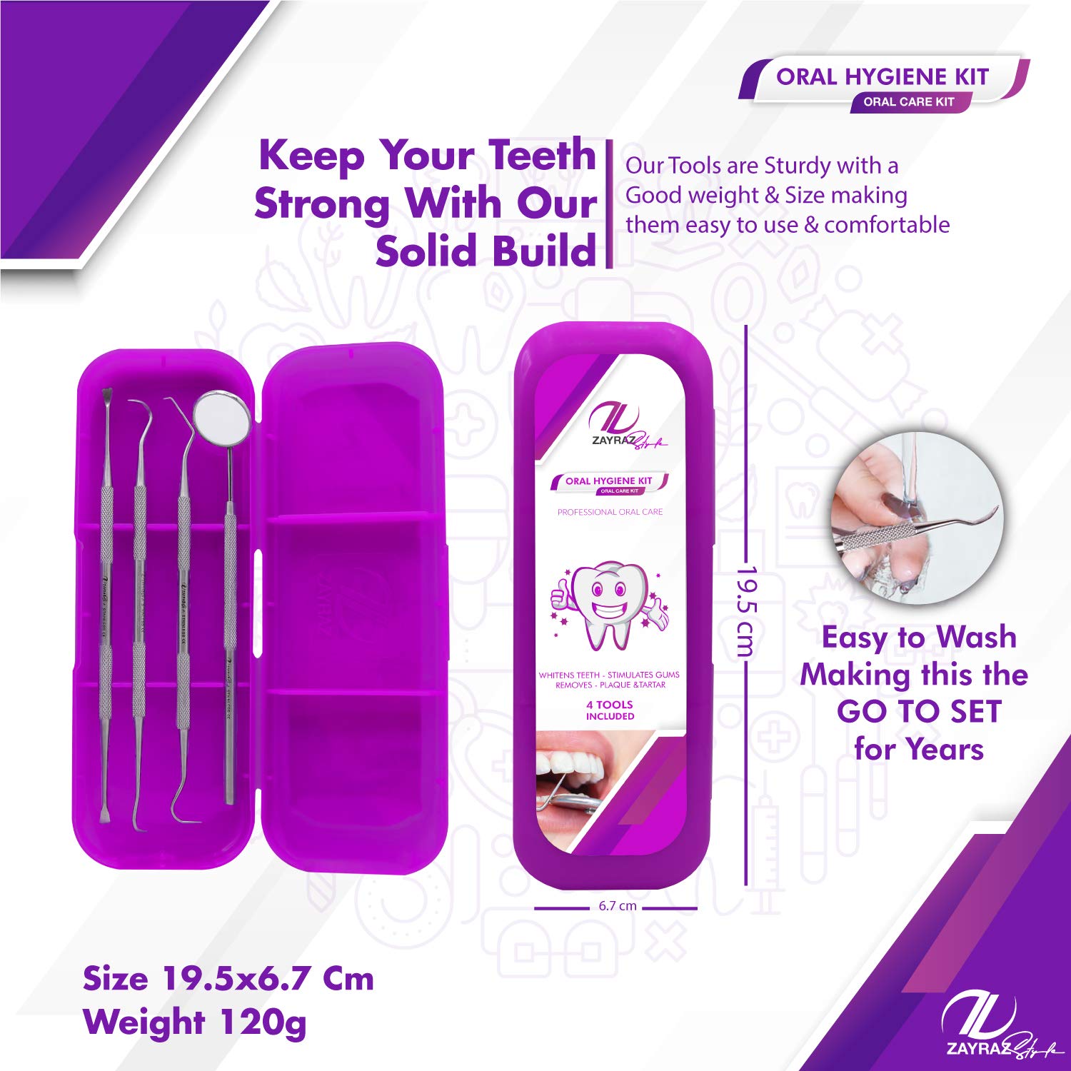 Zayraz Style Professional Dental Hygiene Kit- Calculus & Plaque Remover Set of 4- Stainless Steel Ta