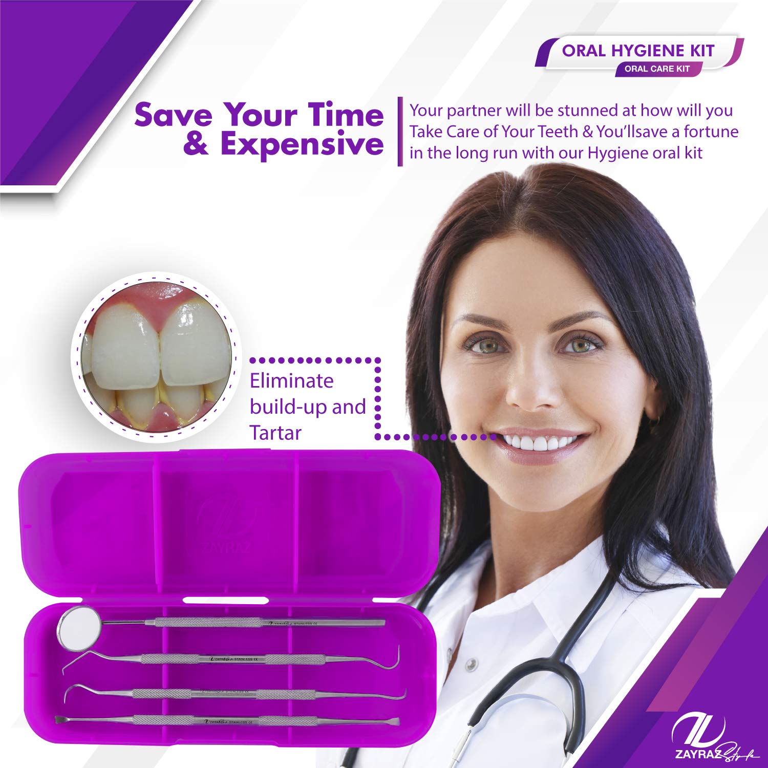 Zayraz Style Professional Dental Hygiene Kit- Calculus & Plaque Remover Set of 4- Stainless Steel Ta