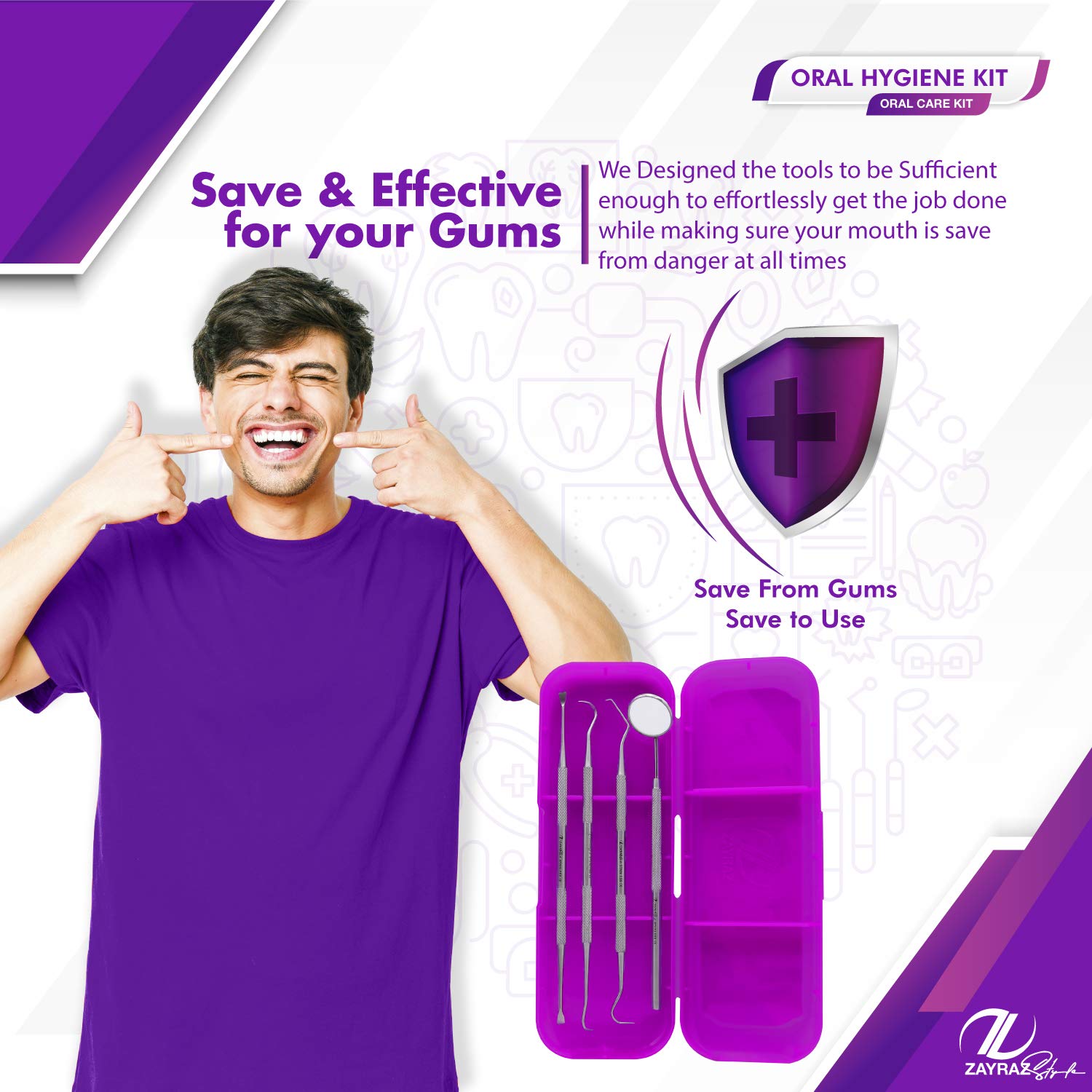 Zayraz Style Professional Dental Hygiene Kit- Calculus & Plaque Remover Set of 4- Stainless Steel Ta