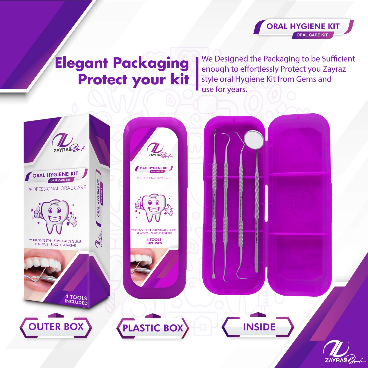 Zayraz Style Professional Dental Hygiene Kit- Calculus & Plaque Remover Set of 4- Stainless Steel Ta