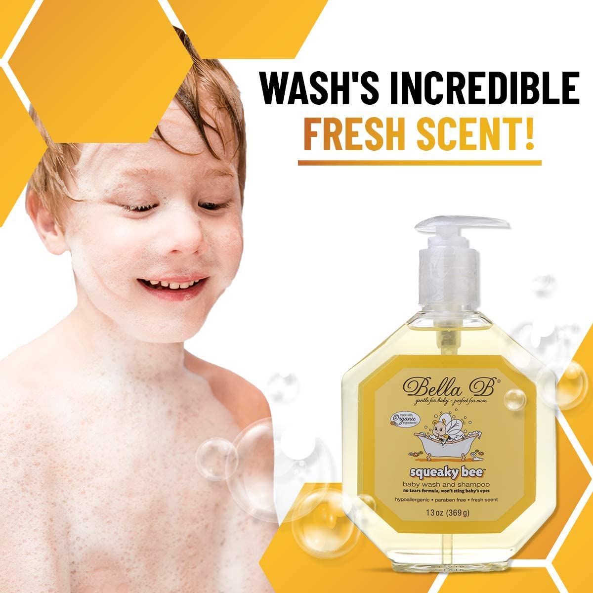 BELLA B Squeaky Bee Bodywash and Shampoo 13 oz - Baby Body Wash And Shampoo - Baby Bath Wash - Organ