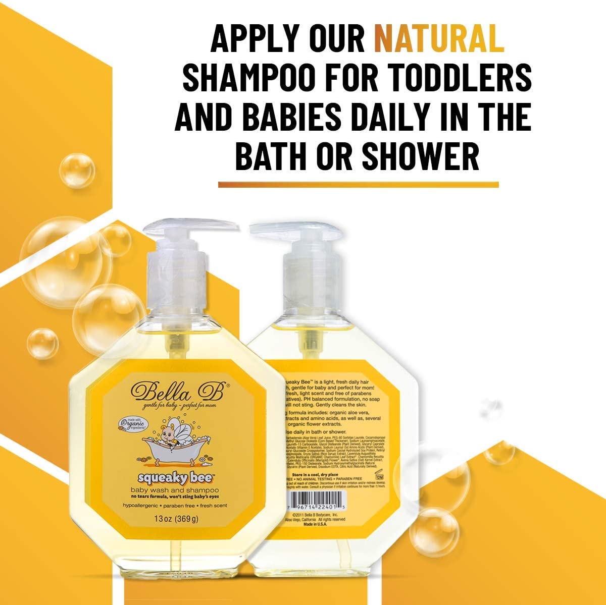 BELLA B Squeaky Bee Bodywash and Shampoo 13 oz - Baby Body Wash And Shampoo - Baby Bath Wash - Organ