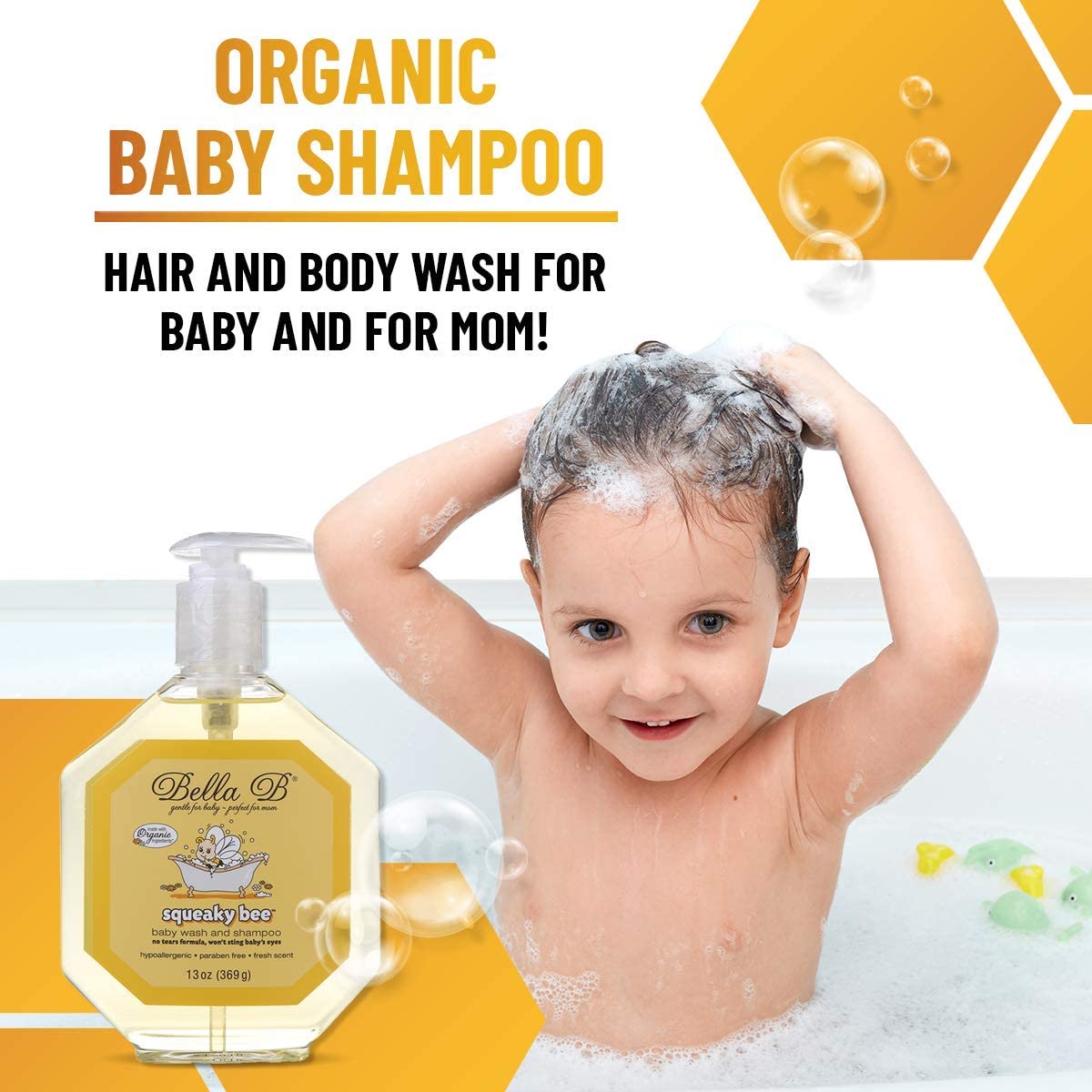BELLA B Squeaky Bee Bodywash and Shampoo 13 oz - Baby Body Wash And Shampoo - Baby Bath Wash - Organ