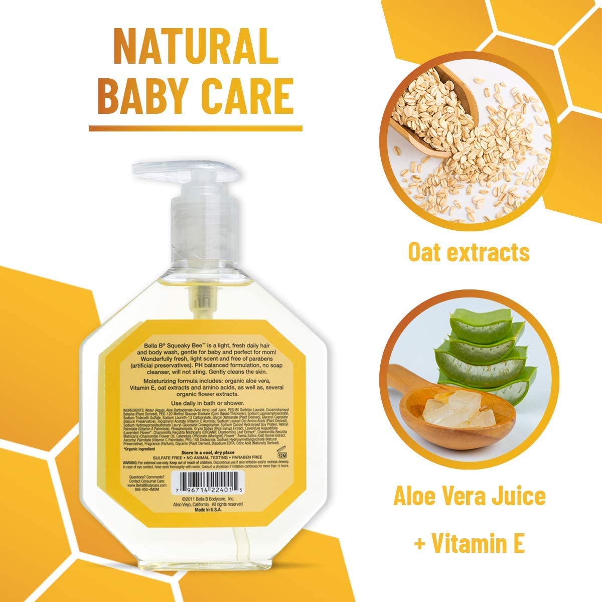 BELLA B Squeaky Bee Bodywash and Shampoo 13 oz - Baby Body Wash And Shampoo - Baby Bath Wash - Organ