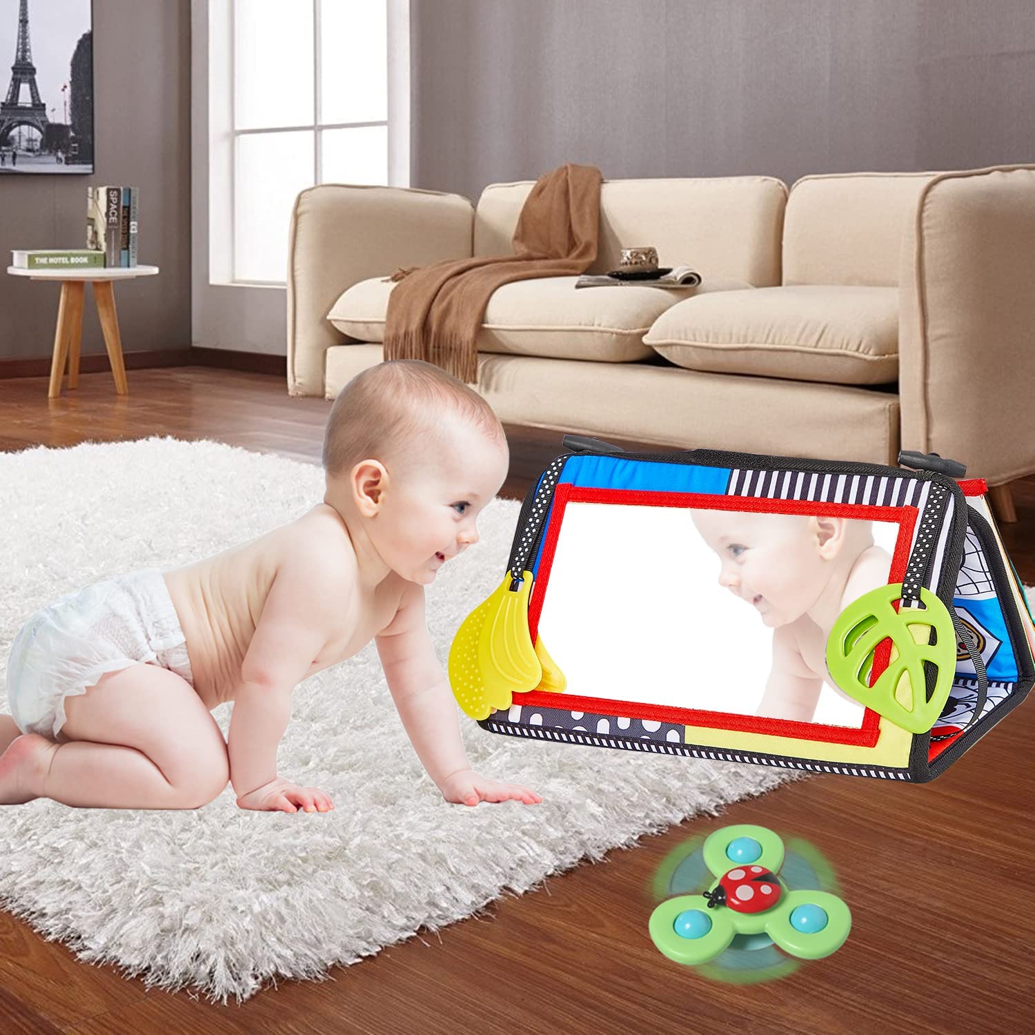 Tummy Time Floor Mirror, Baby Floor Mirror with Spinning Toy, Soft Crinkle Activity Book and Teether