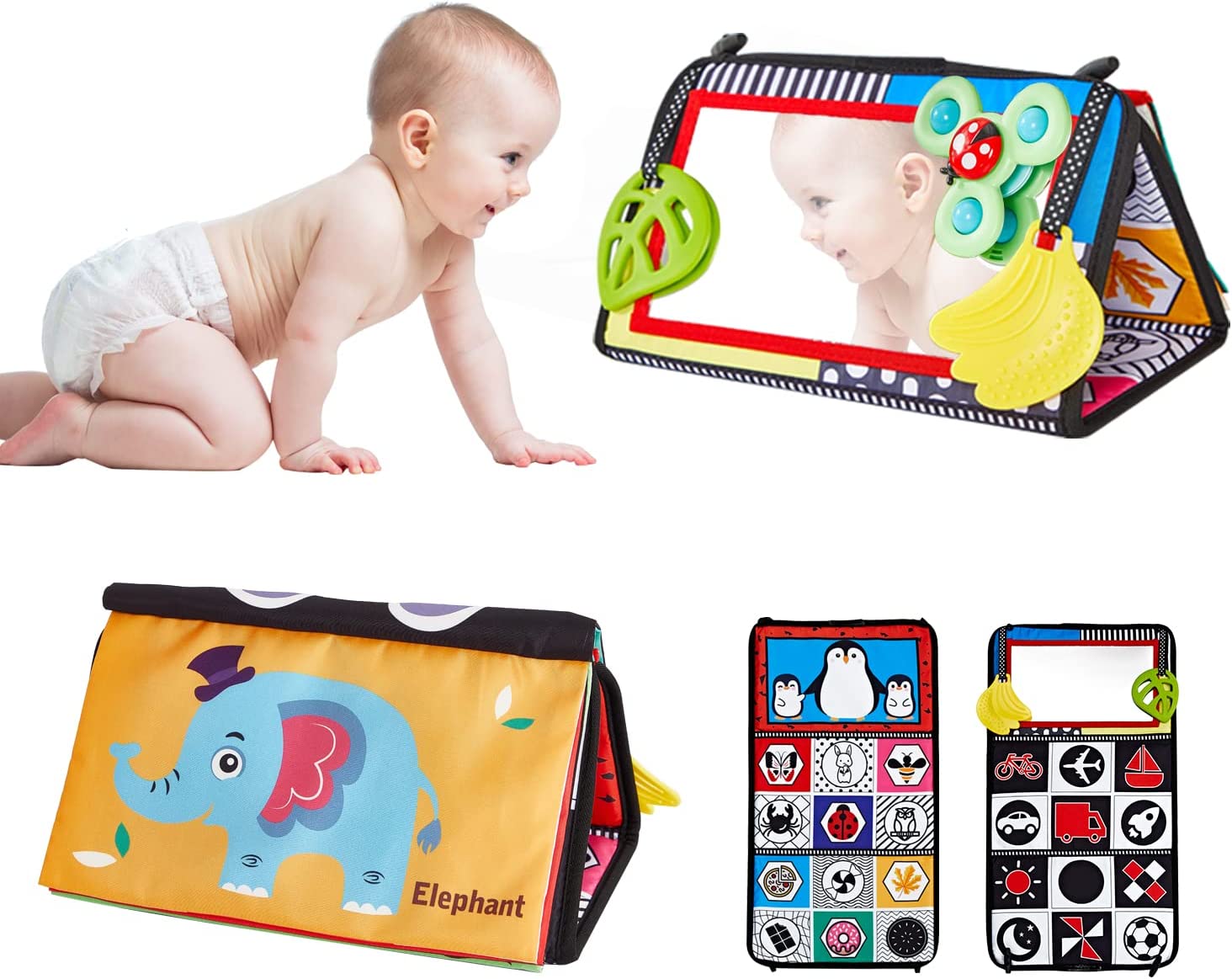 Tummy Time Floor Mirror, Baby Floor Mirror with Spinning Toy, Soft