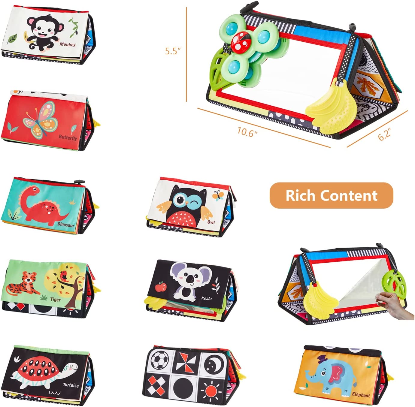 Tummy Time Floor Mirror, Baby Floor Mirror with Spinning Toy, Soft Crinkle Activity Book and Teether