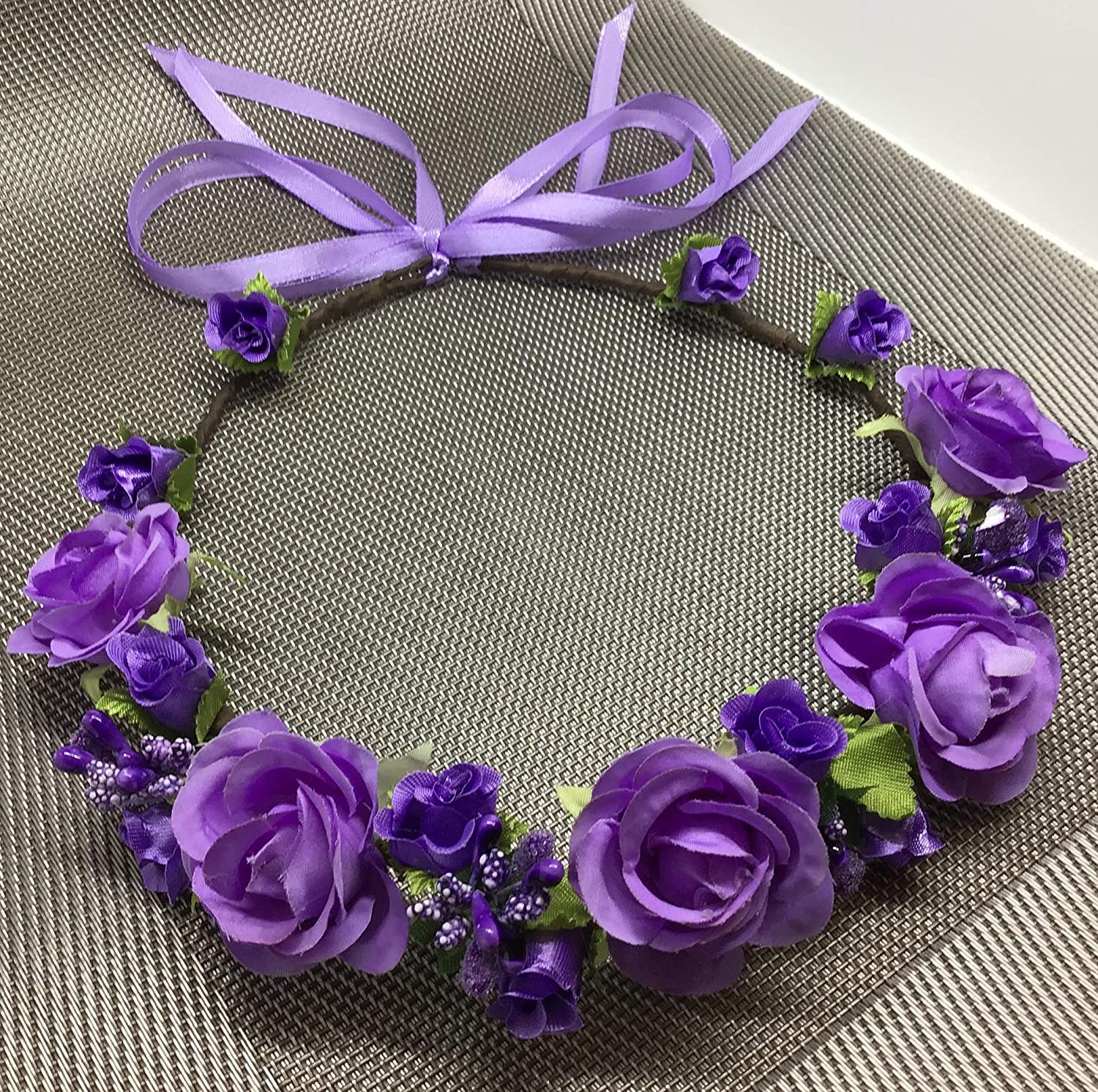 Flower Crown Girls Floral Headpiece - Artificial Purple Roses Wedding Bridal - Wreath Boho Kids Todd