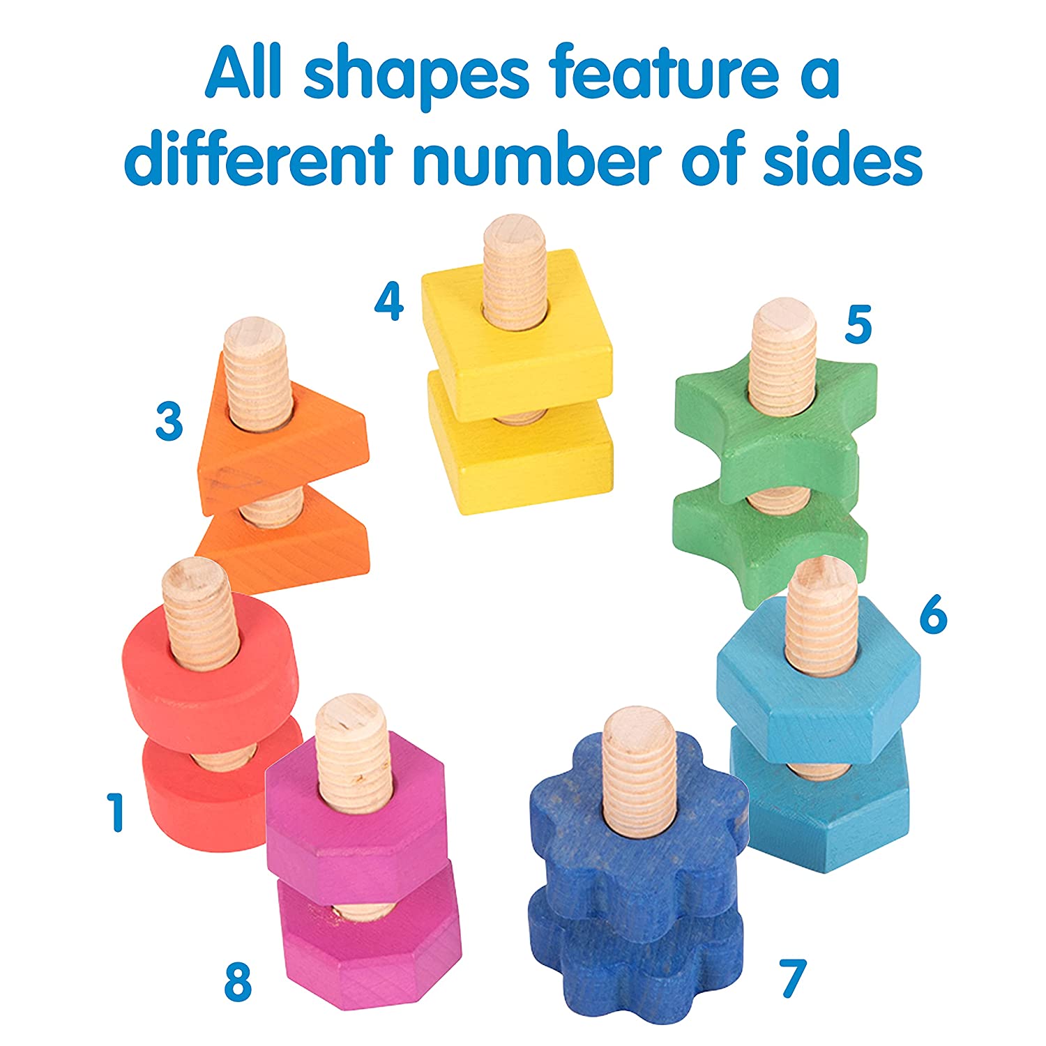 TickiT-74001 Rainbow Wooden Nuts & Bolts - Set of 14 - 7 Nuts and 7 Bolts in Matching Shapes & Color