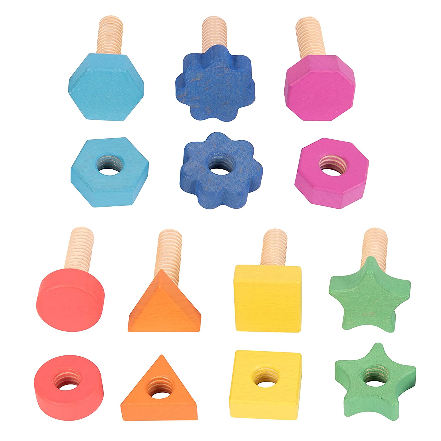 TickiT-74001 Rainbow Wooden Nuts & Bolts - Set of 14 - 7 Nuts and 7 Bolts in Matching Shapes & Color
