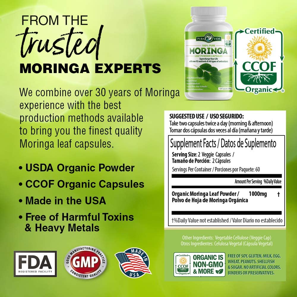 PURA VIDA MORINGA Moringa Capsules Single Origin Moringa Powder Organic. Moringa Leaf. Energy, Metab