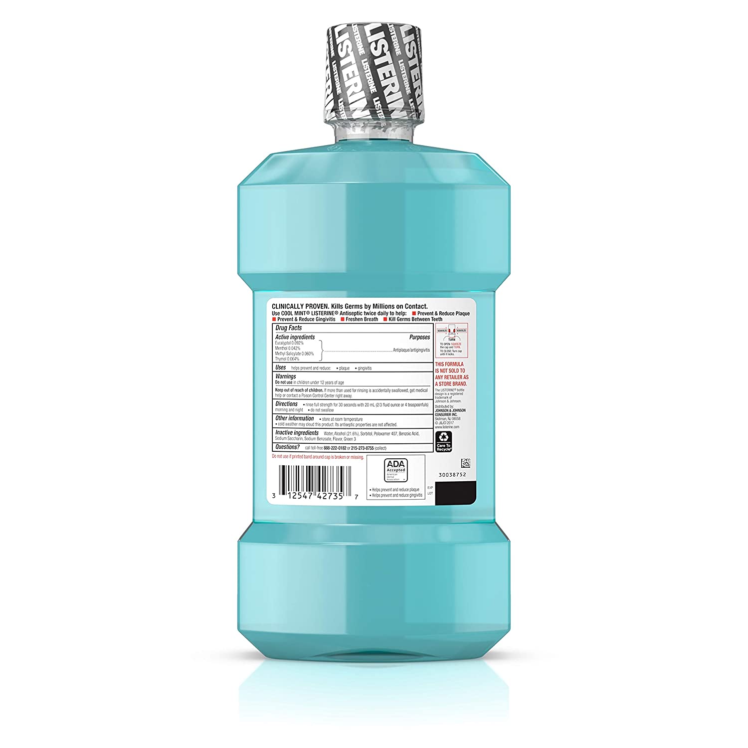 Listerine Cool Mint Antiseptic Mouthwash for Bad Breath, Plaque and Gingivitis, 33.8 Oz