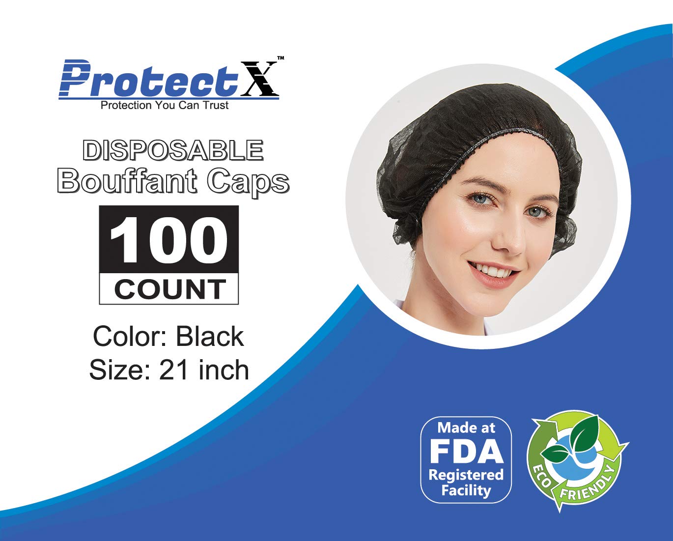 ProtectX Disposable Bouffant (Hair Net) Caps Hair Head Cover Nets 21” (Black 100 pack)