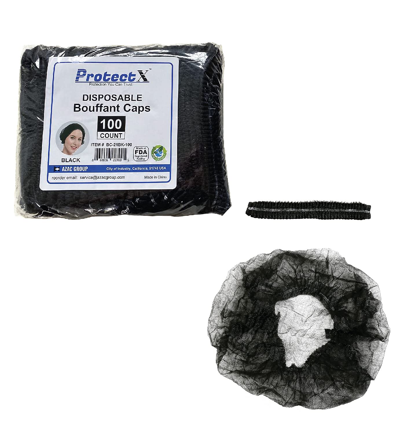 ProtectX Disposable Bouffant (Hair Net) Caps Hair Head Cover Nets 21” (Black 100 pack)