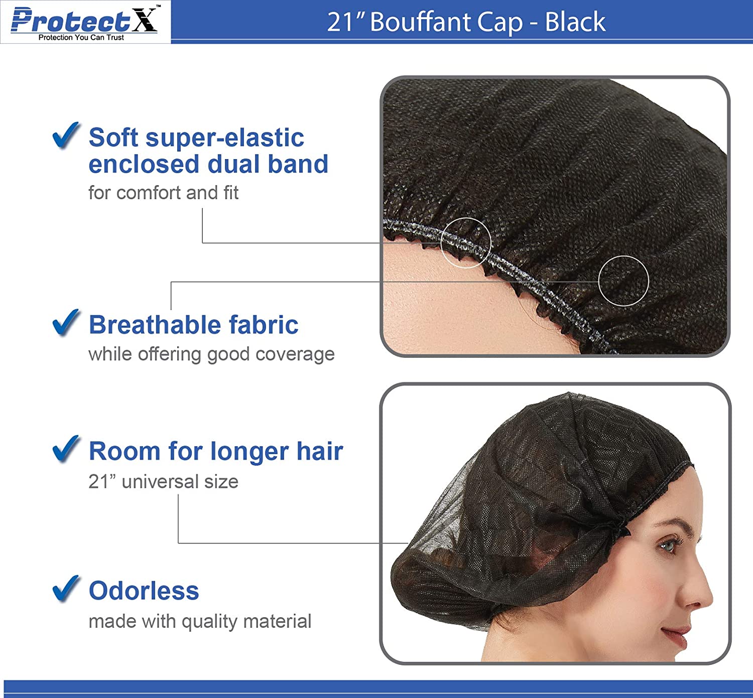 ProtectX Disposable Bouffant (Hair Net) Caps Hair Head Cover Nets 21” (Black 100 pack)