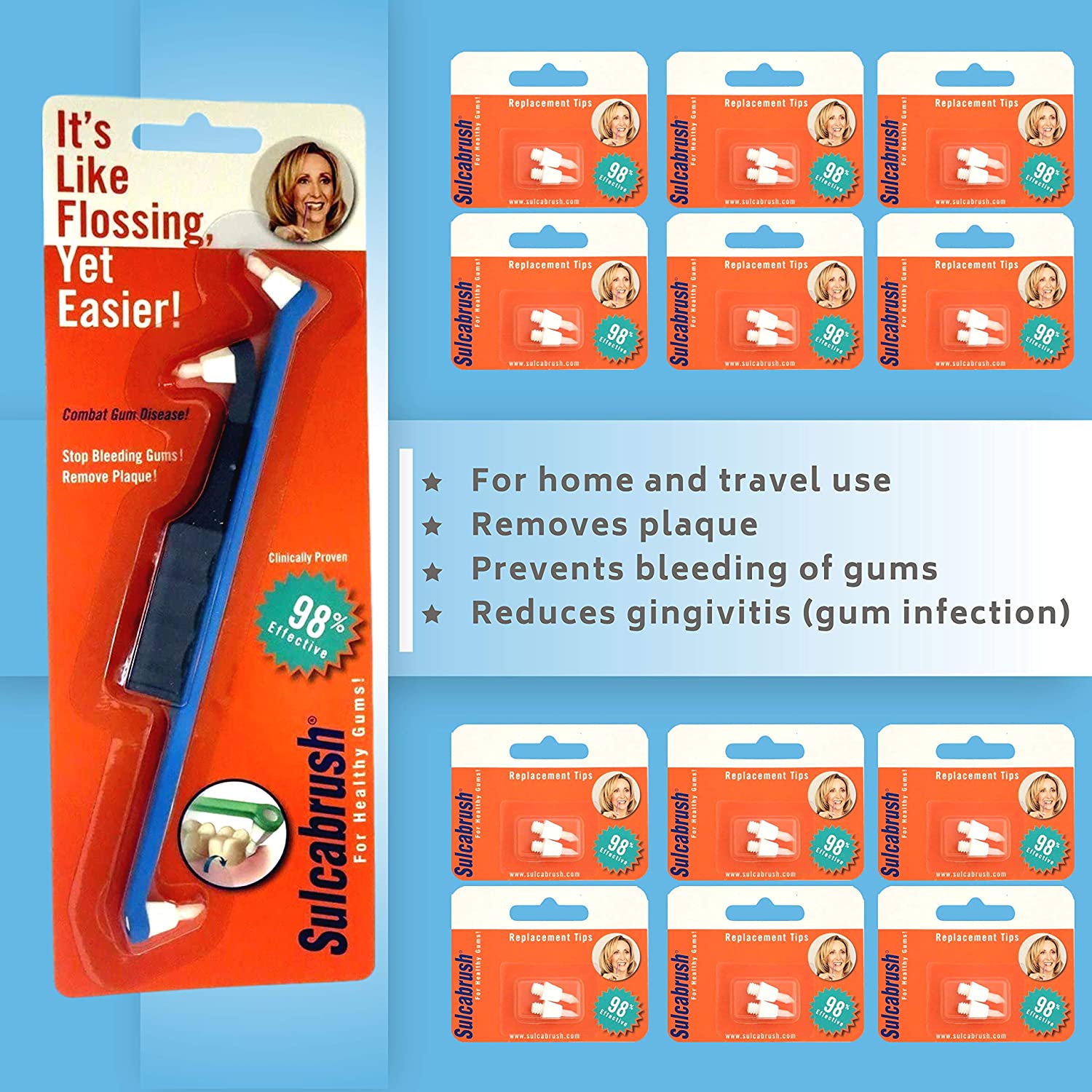 Sulcabrush Pocket Pack of Manual Toothbrush with Handle and 3 Tips — Twin-Pack Replacement Tips (1