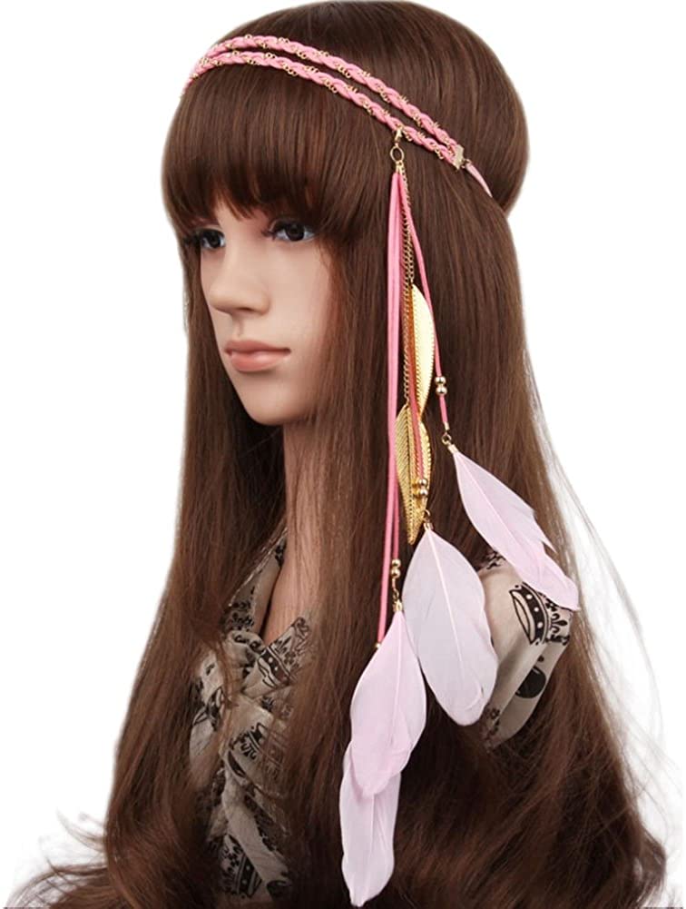 Song Qing Women Feather Leaf Tassels Braided Hippie Headband Hair Accessories