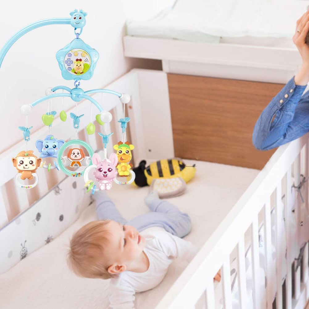 Baby Musical Crib with Rattle Toys Projector and Lights Infant Musical Rotating Hanging Bell Baby Be
