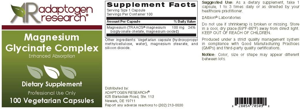 Magnesium Glycinate Complex | 100 mg Magnesium bisglycinate chelate, Magnesium oxide | Enhanced Abso