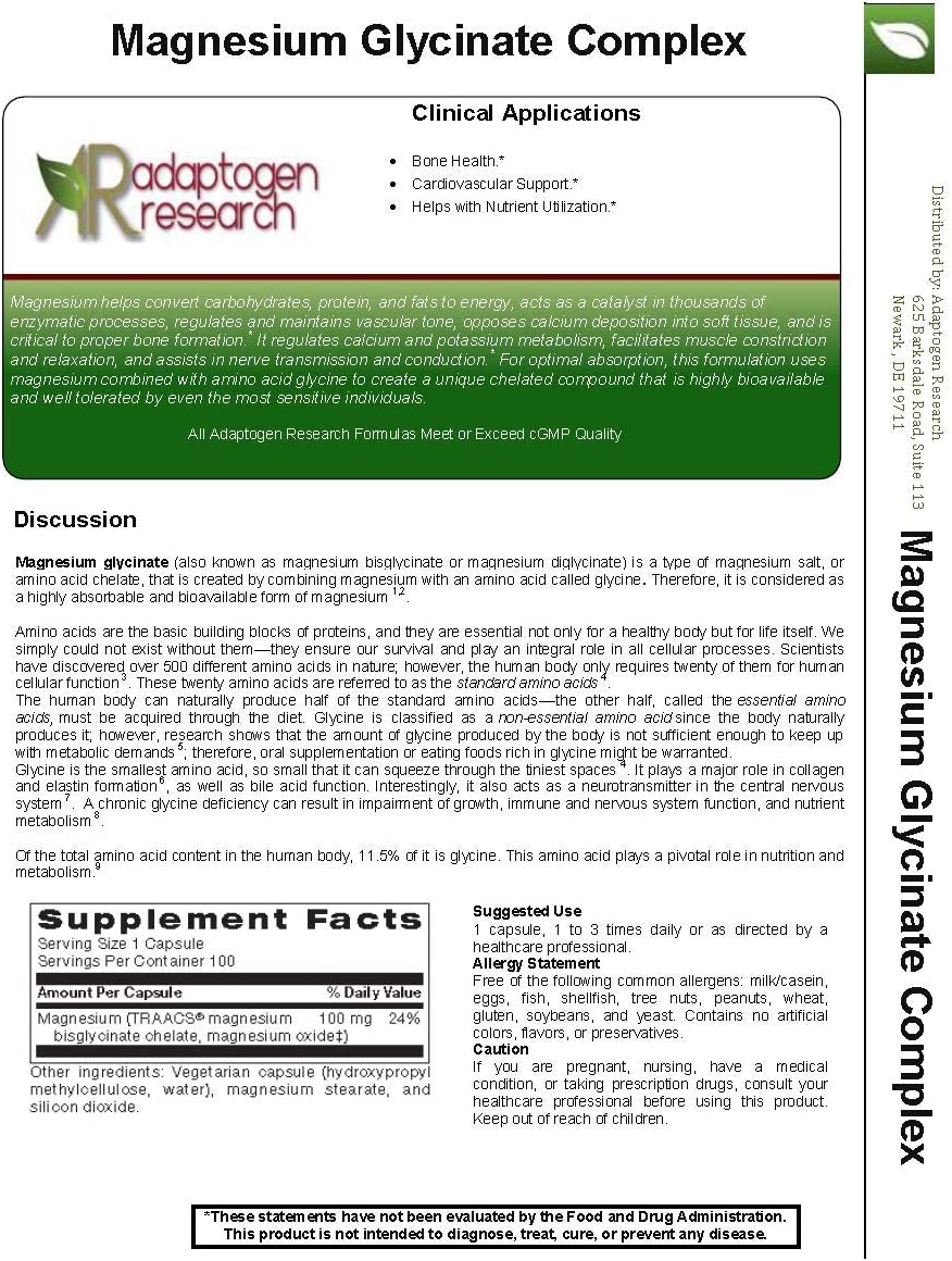 Magnesium Glycinate Complex | 100 mg Magnesium bisglycinate chelate, Magnesium oxide | Enhanced Abso