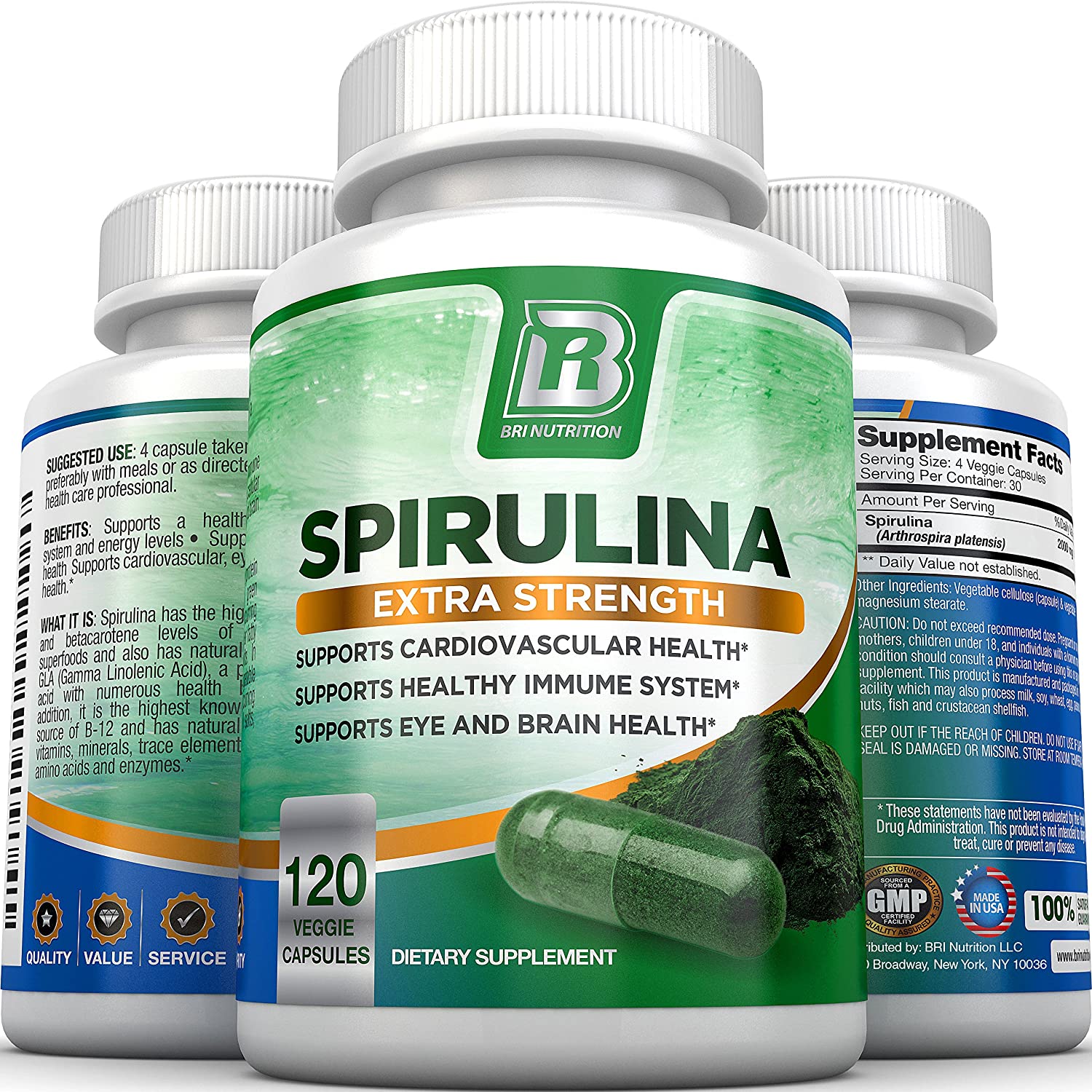 BRI Spirulina 2000mg Maximum Strength Premium Quality Spirulina Superfood Powder, Packed w Antioxida