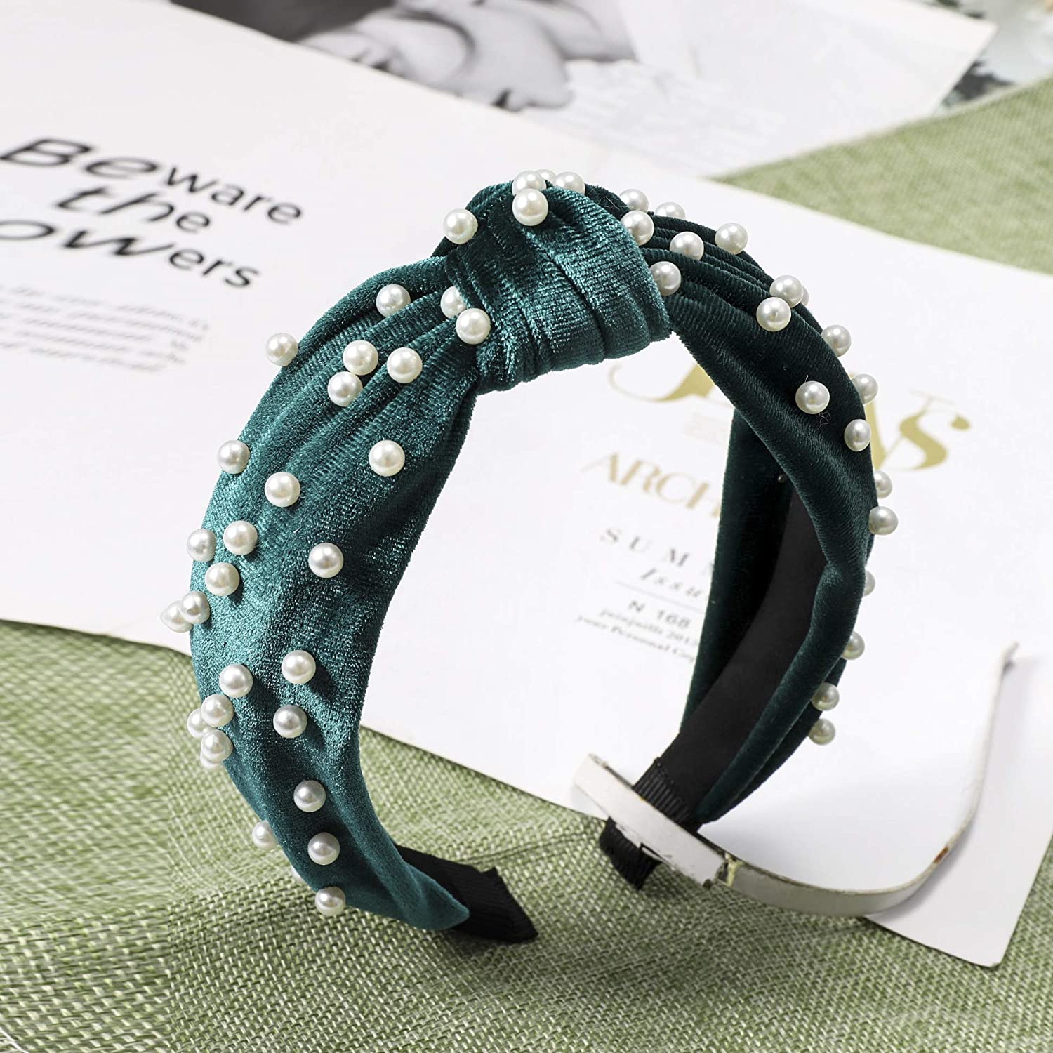 Headbands for Women Pearl Headbands - 1PCS Twisted Faux Pearl Velvet Headband Elegant Bling Hair Cli