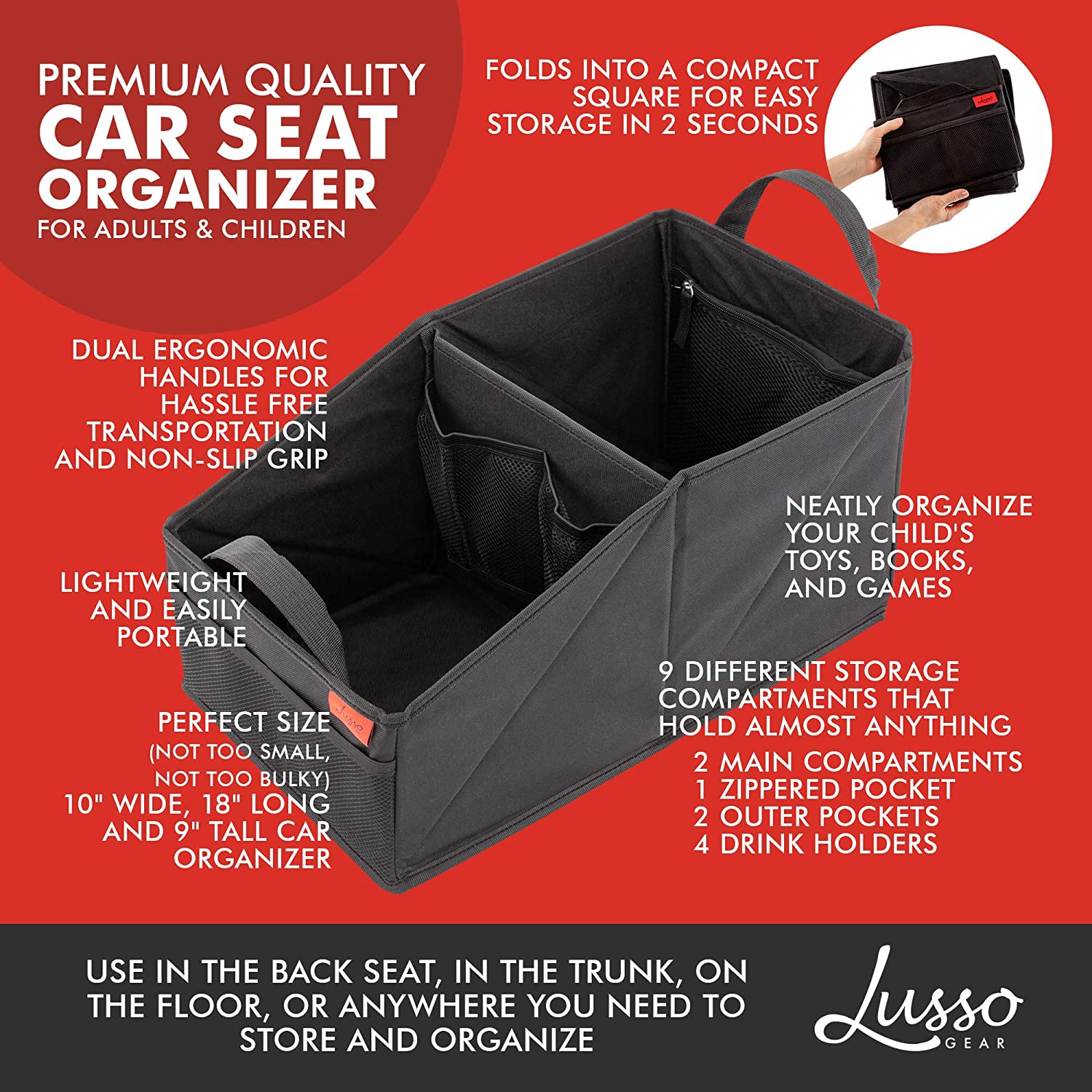 Lusso Gear Car Seat Organizer for Front or Backseat - Great for Adults & Kids, Features 9 Storage Co
