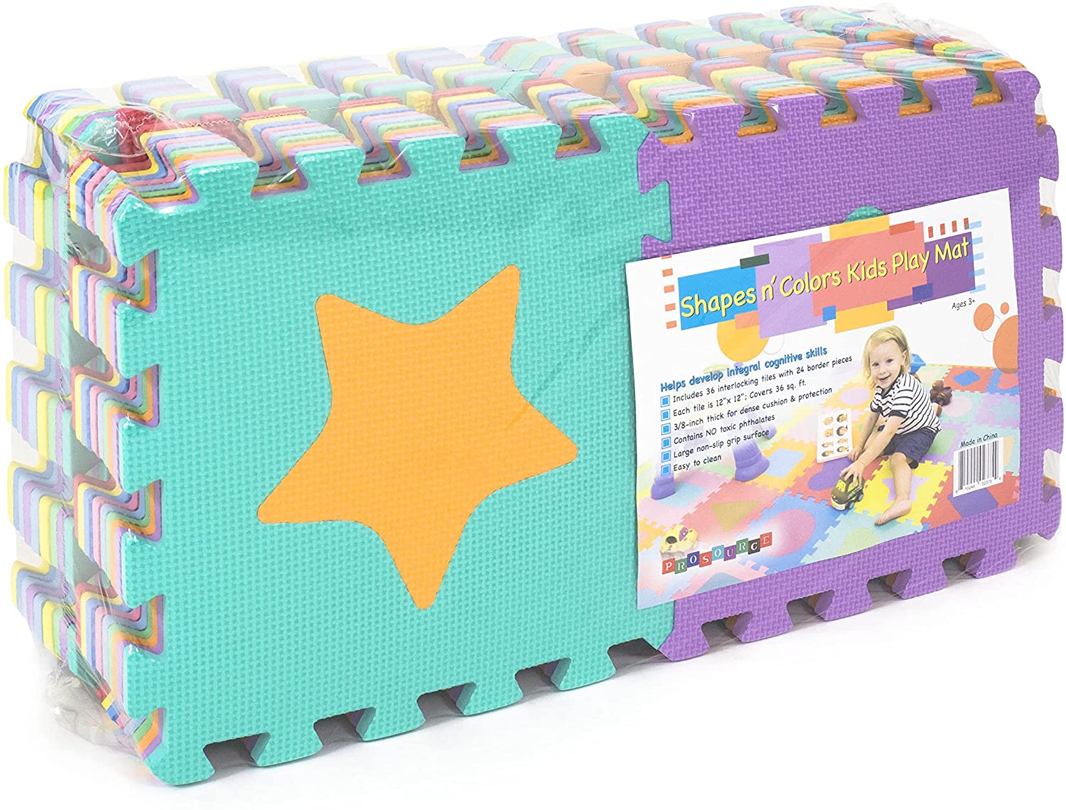 ProSource Kids Foam Puzzle Floor Play Mat with Shapes & Colors or