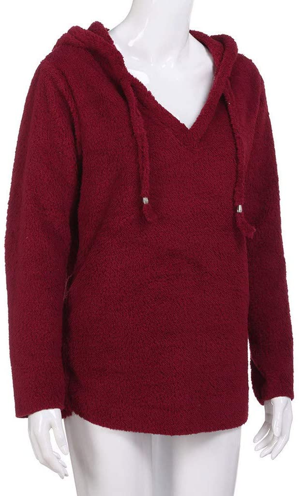 Dosoop Womens Solid Color Casual Fleece Fluffy Crewneck Long Sleeve Blouse Winter Warm Sweatshirt Ho