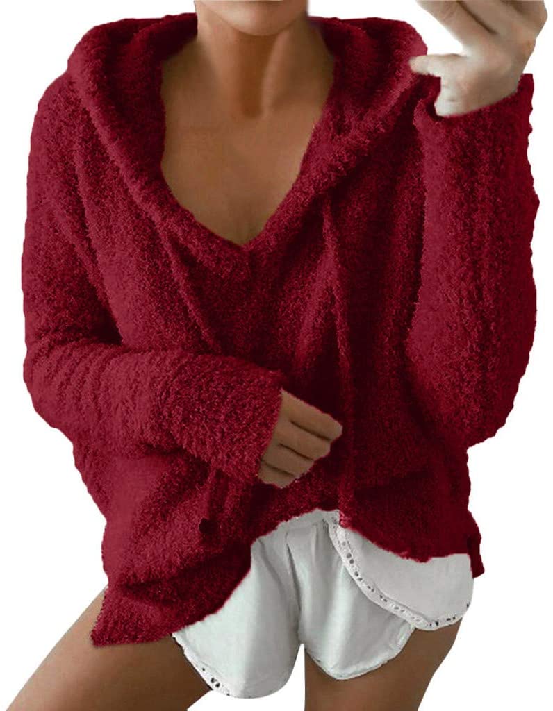 Dosoop Womens Solid Color Casual Fleece Fluffy Crewneck Long Sleeve Blouse Winter Warm Sweatshirt Ho