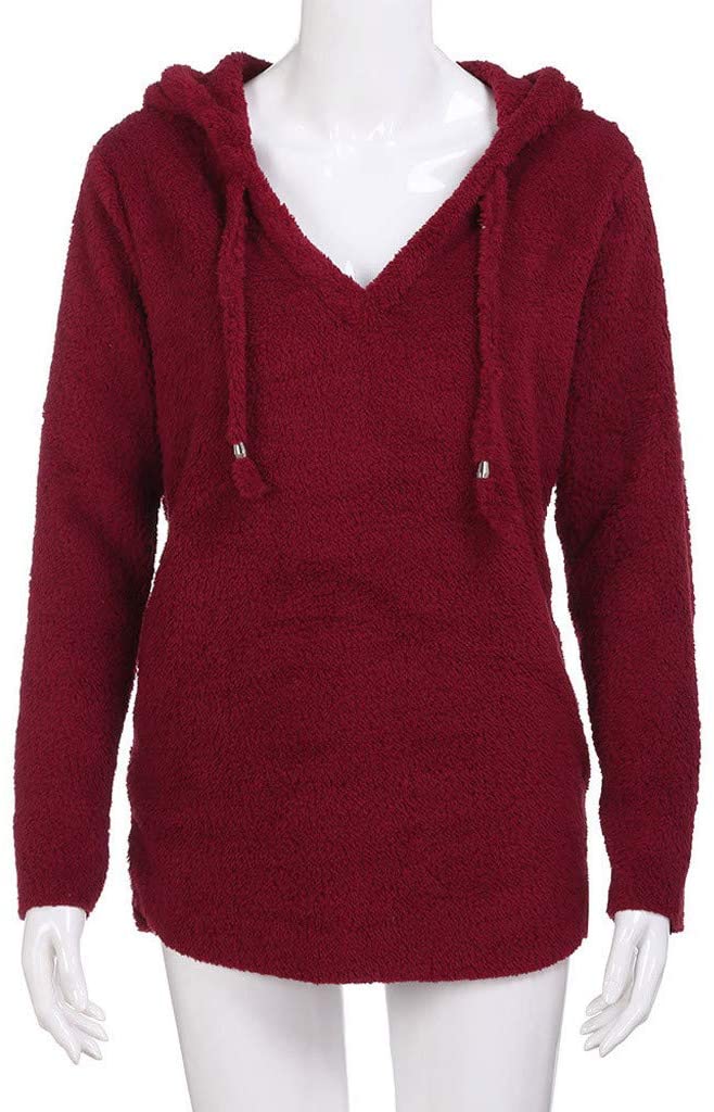 Dosoop Womens Solid Color Casual Fleece Fluffy Crewneck Long Sleeve Blouse Winter Warm Sweatshirt Ho